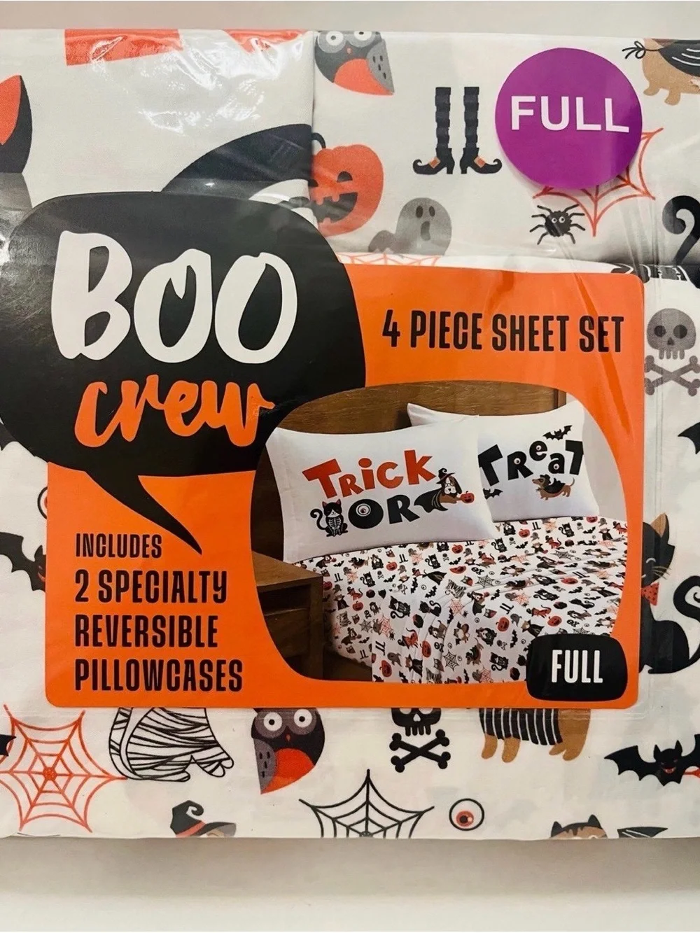 Boo Crew Halloween Full Size Sheet Set Cats Skulls Cobwebs Spiders Owls Dog Cat